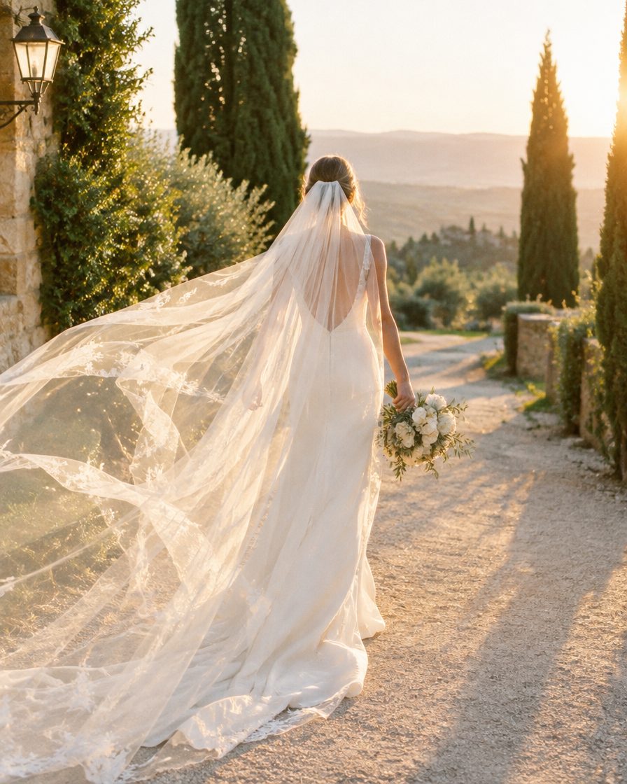 A bride walks away down a sunlit gravel path between cypress trees, her long lace-edged cathedral veil floating behind her