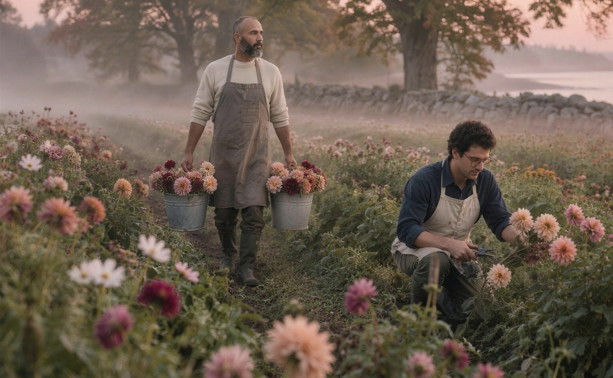 Owen and Teo cutting dahlias at dawn in their field in North Stonington