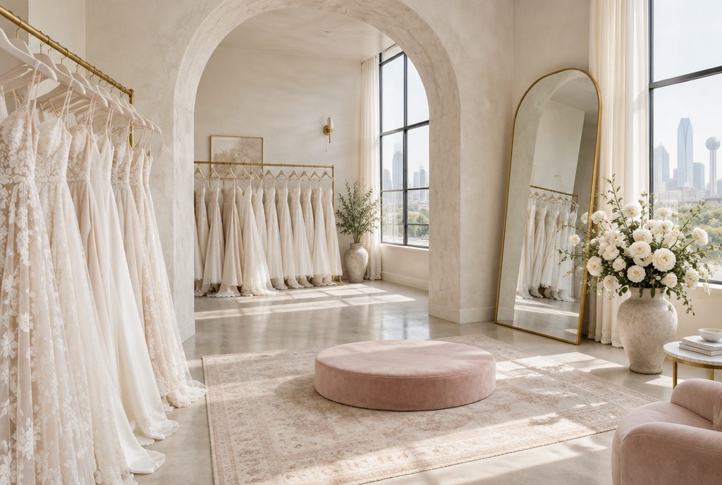 The Aster and Hem salon: a plaster arch, rails of ivory gowns, a blush velvet fitting platform on a pale rug, and tall windows looking out to the Dallas skyline