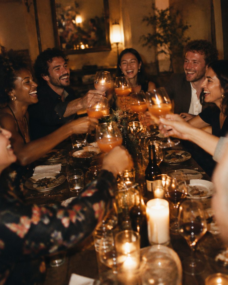 Guests laughing and raising glasses of orange wine across a candlelit table crowded with plates