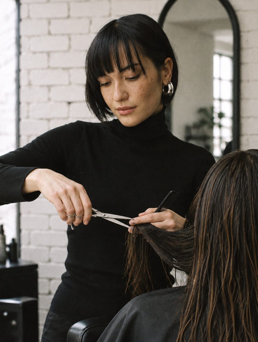 Delphine Ashby cutting a client's hair