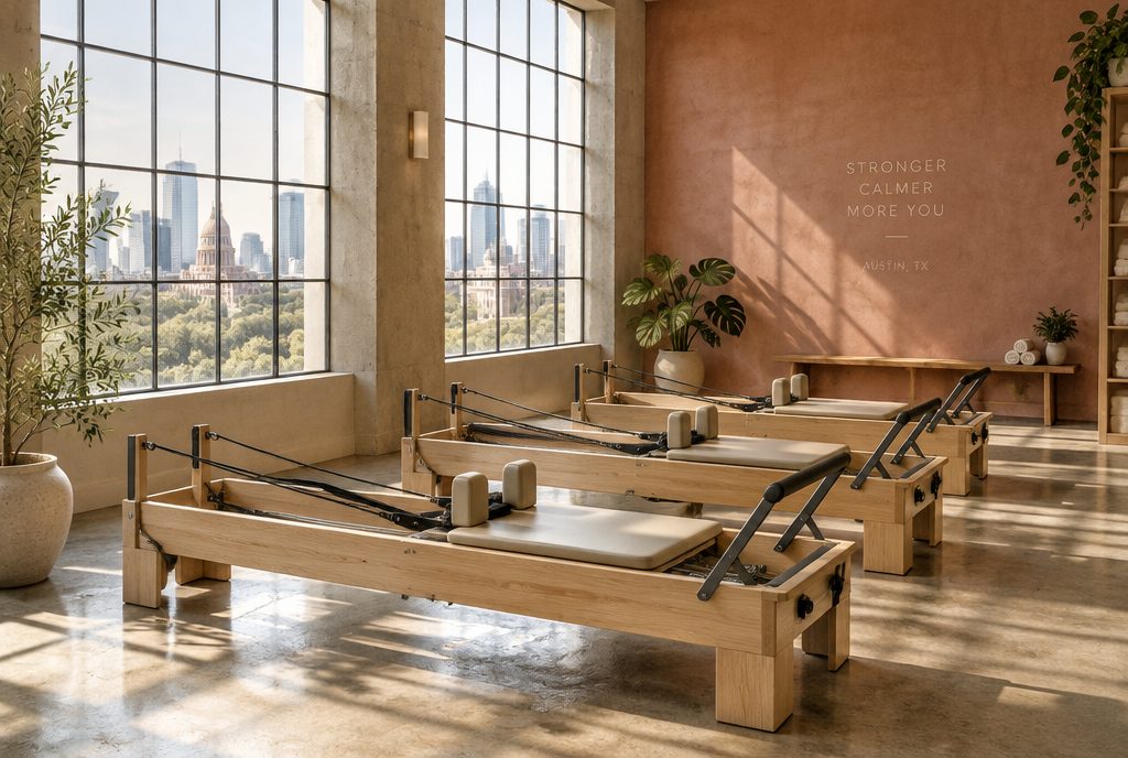 The Tensile studio: a row of oak reformers on a polished concrete floor beside tall windows looking toward downtown Austin and the Capitol