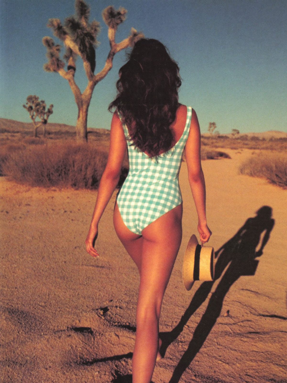Model in The Topanga gingham one-piece walking toward a Joshua tree