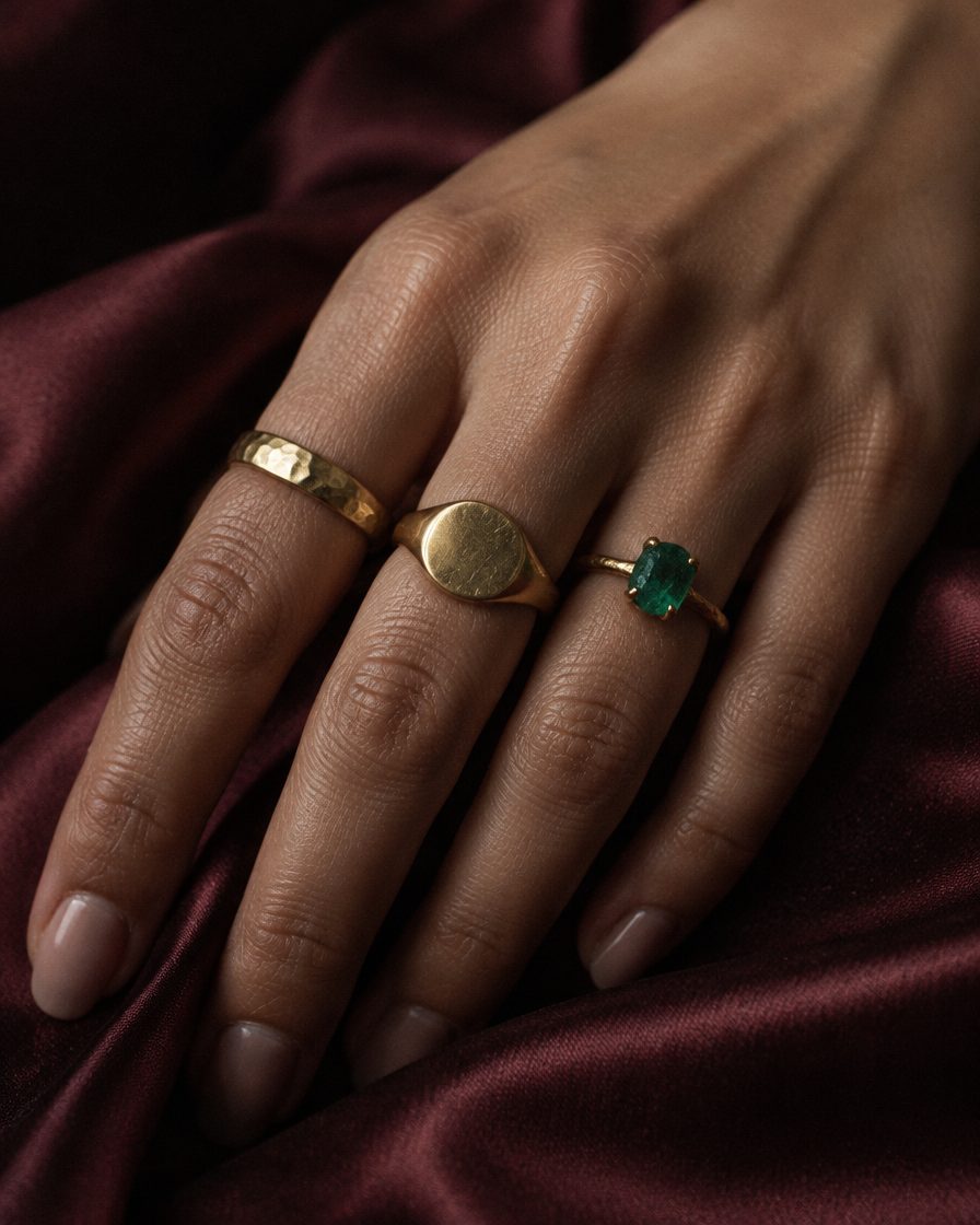 Close view of a hammered gold band on an index finger