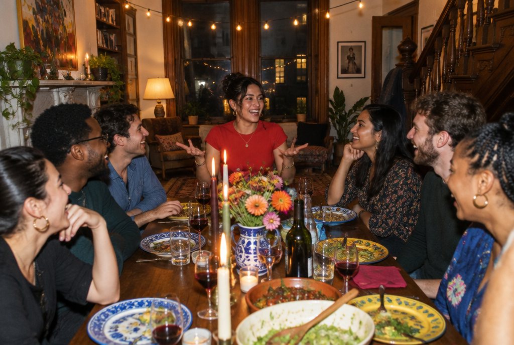 Friends laughing around Bea's dinner table