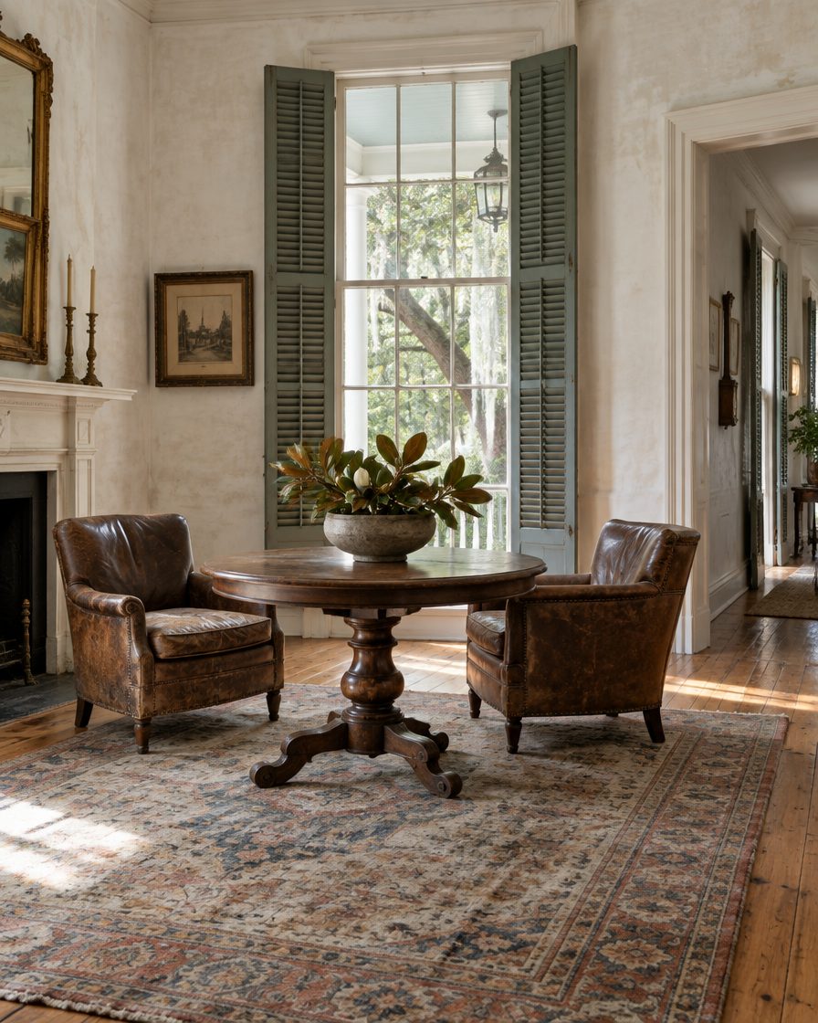 The Tradd Street front parlor: heart pine floors, limewashed walls, a worn Persian rug, a pedestal table with magnolia leaves and two old leather chairs by a shuttered window.
