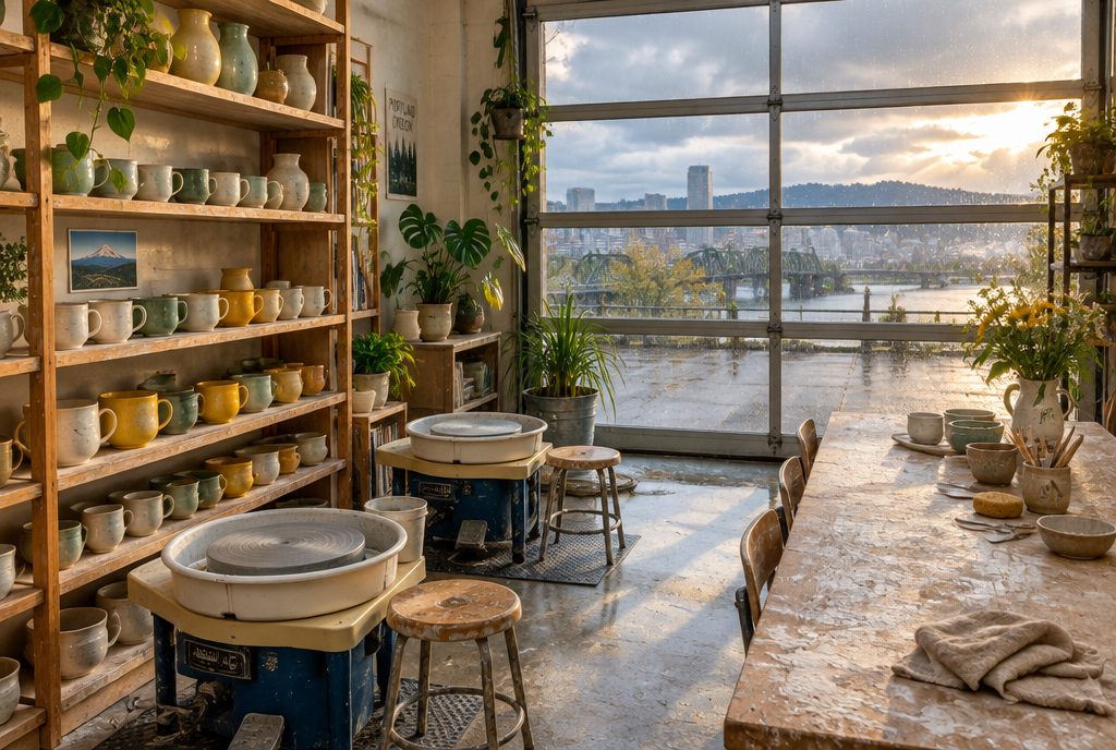 The Bisque Hours studio: wooden shelves of glazed mugs, two pottery wheels and a long work table by a wall of windows looking toward the river.