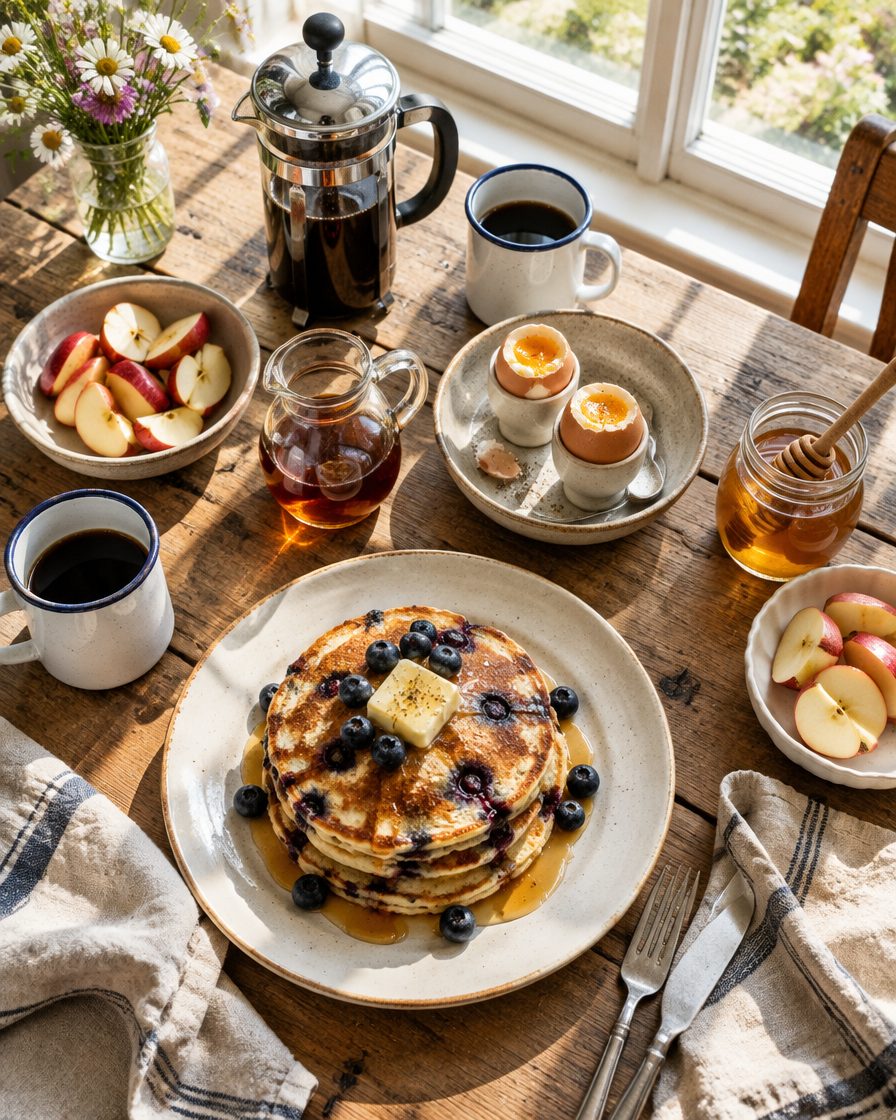 Breakfast on the farm table: blueberry pancakes with butter, a pitcher of maple syrup, soft-boiled eggs, sliced apples and a French press