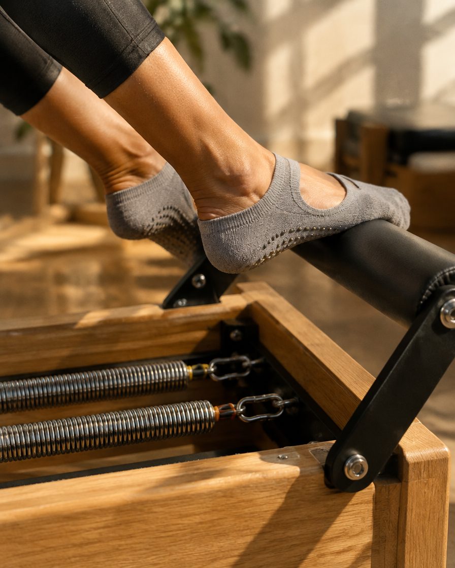 Close up of feet in grey grip socks pressing the footbar of an oak reformer, with two steel springs visible below