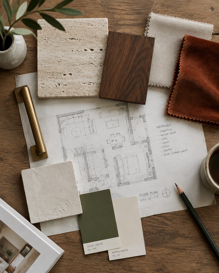Material board on a walnut table: travertine, walnut, linen and rust velvet samples, a brass pull, a plaster tile and olive and white paint chips over a pencil floor plan.