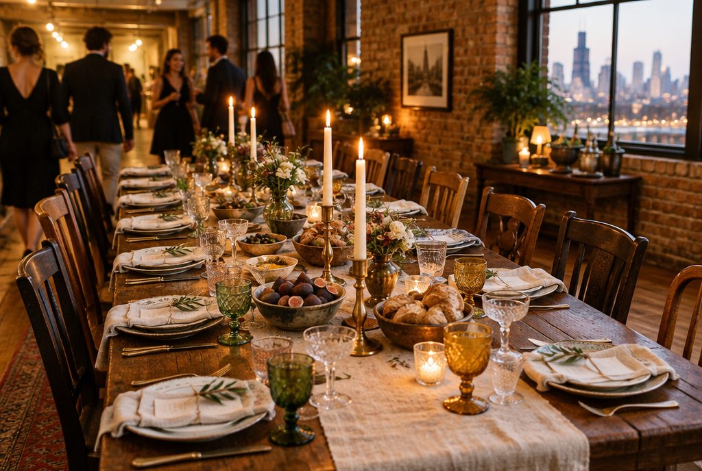 A long wooden table set for twelve with linen napkins, amber glasses and tall lit candles in a brick loft at dusk, the Chicago skyline in the windows