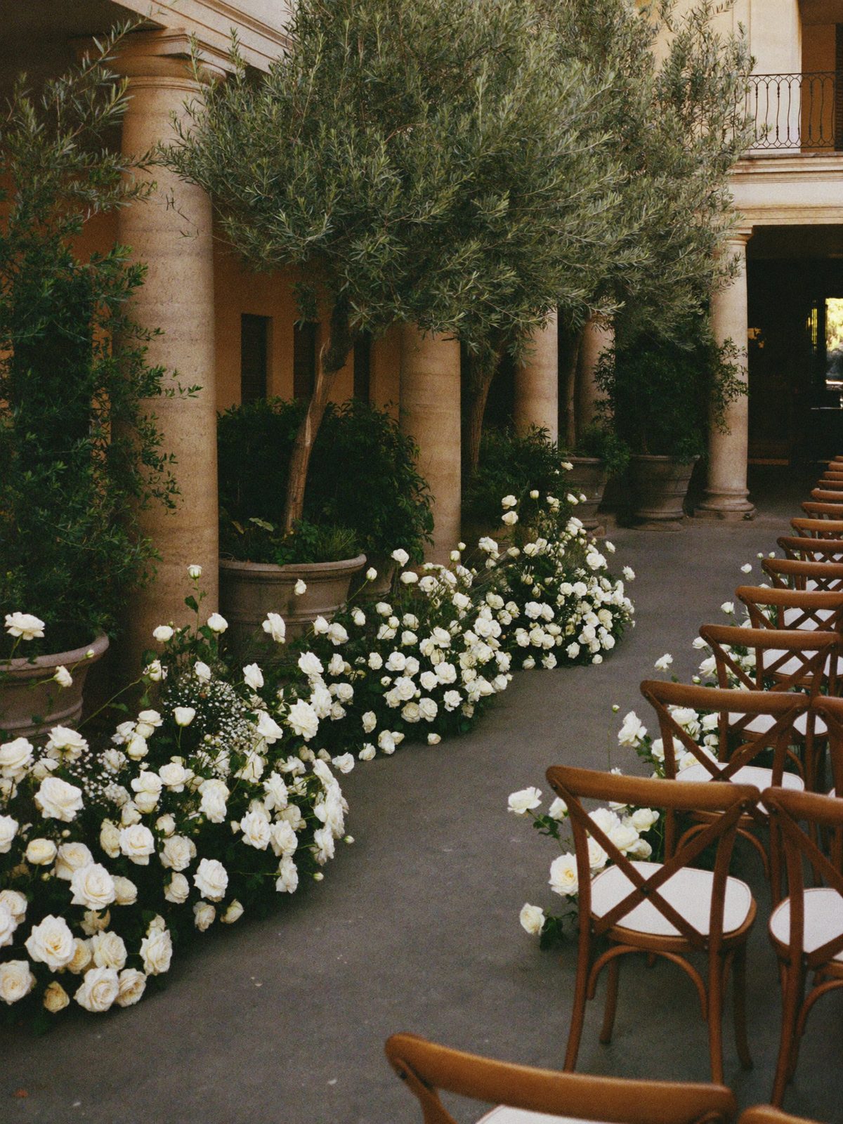 A palazzo courtyard aisle lined with white garden roses