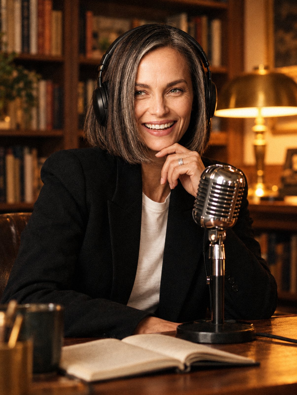 Margo Vance laughing at her microphone