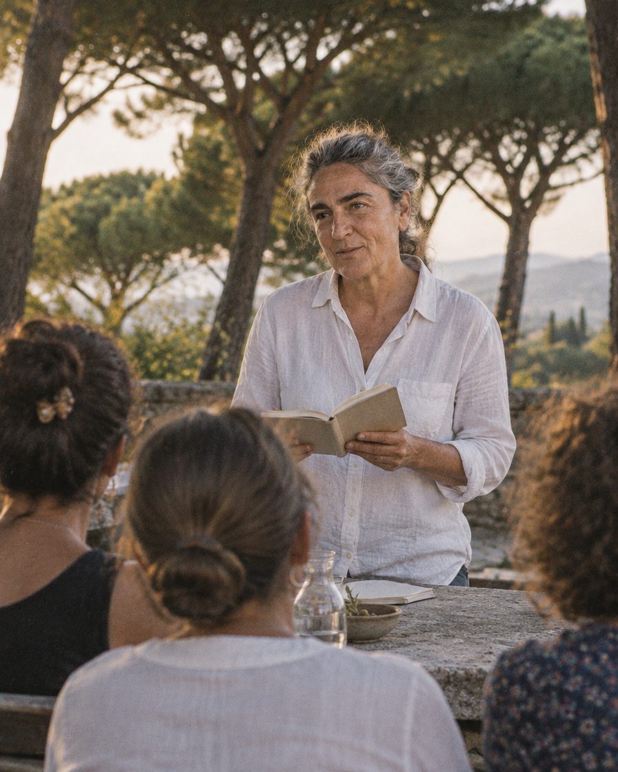 Ottavia Sereni reading aloud to women at a stone table under the pines