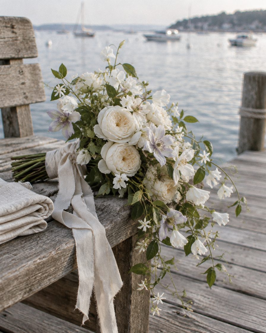 A loose trailing bridal bouquet with silk ribbon on a dock bench