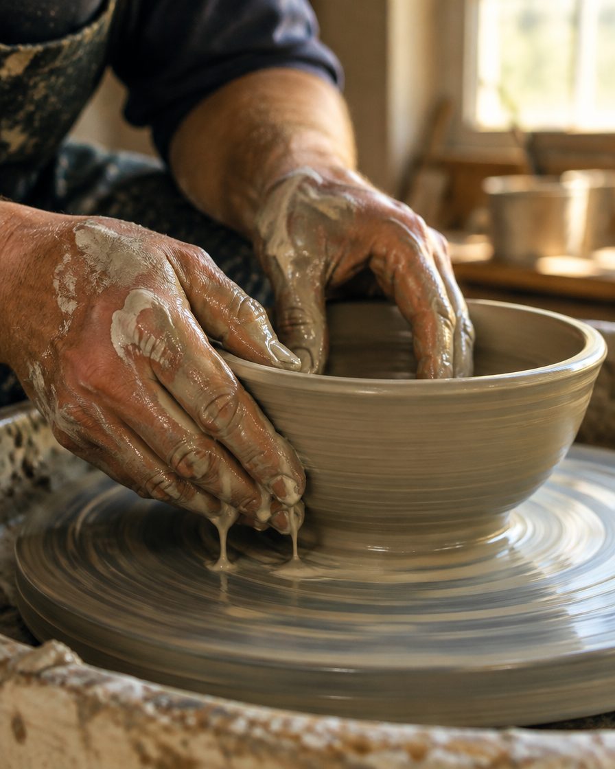Clay-covered hands centering a grey stoneware bowl on a spinning wheel.