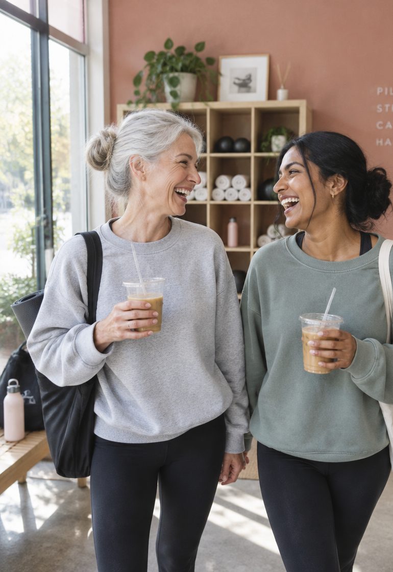 Two women, one silver-haired and one South Asian, laughing in the studio lobby with iced coffees after class