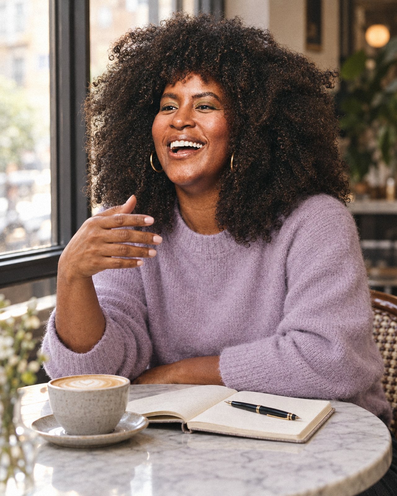 Nadia Brooks laughing over coffee and a notebook