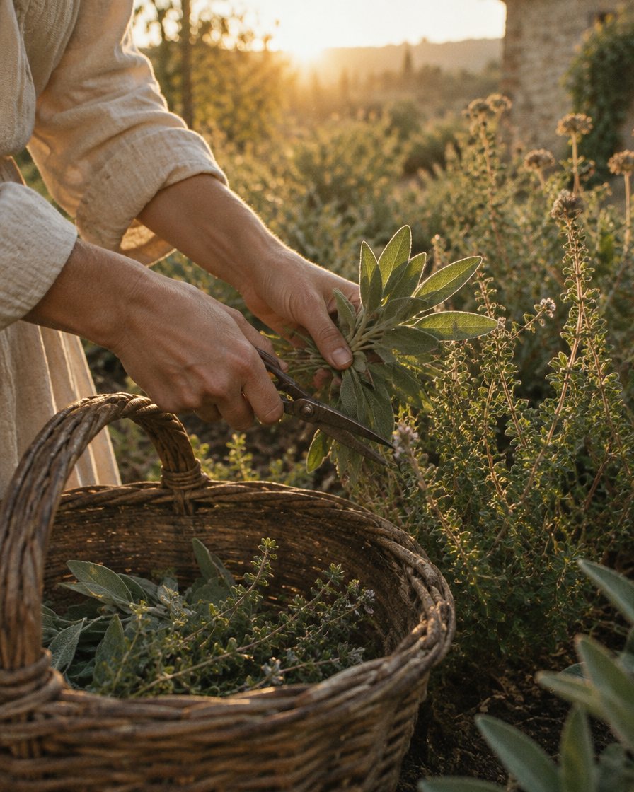 Cutting sage and thyme into a basket at golden hour