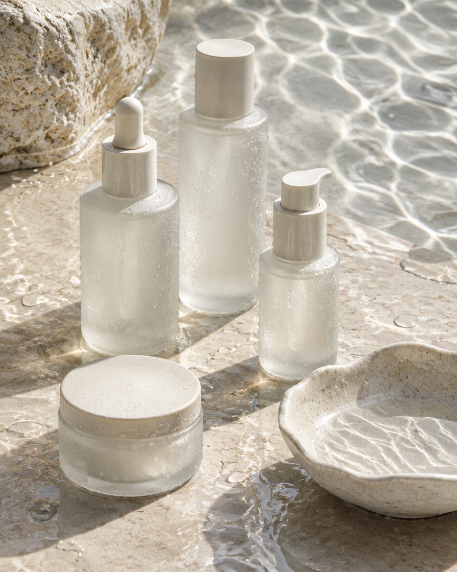 Frosted, unlabeled skincare bottles resting on wet stone with light rippling across the water