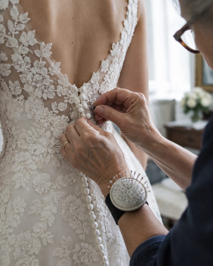 Mrs. Petty's hands closing the covered buttons on the back of a lace gown, a pincushion strapped to her wrist