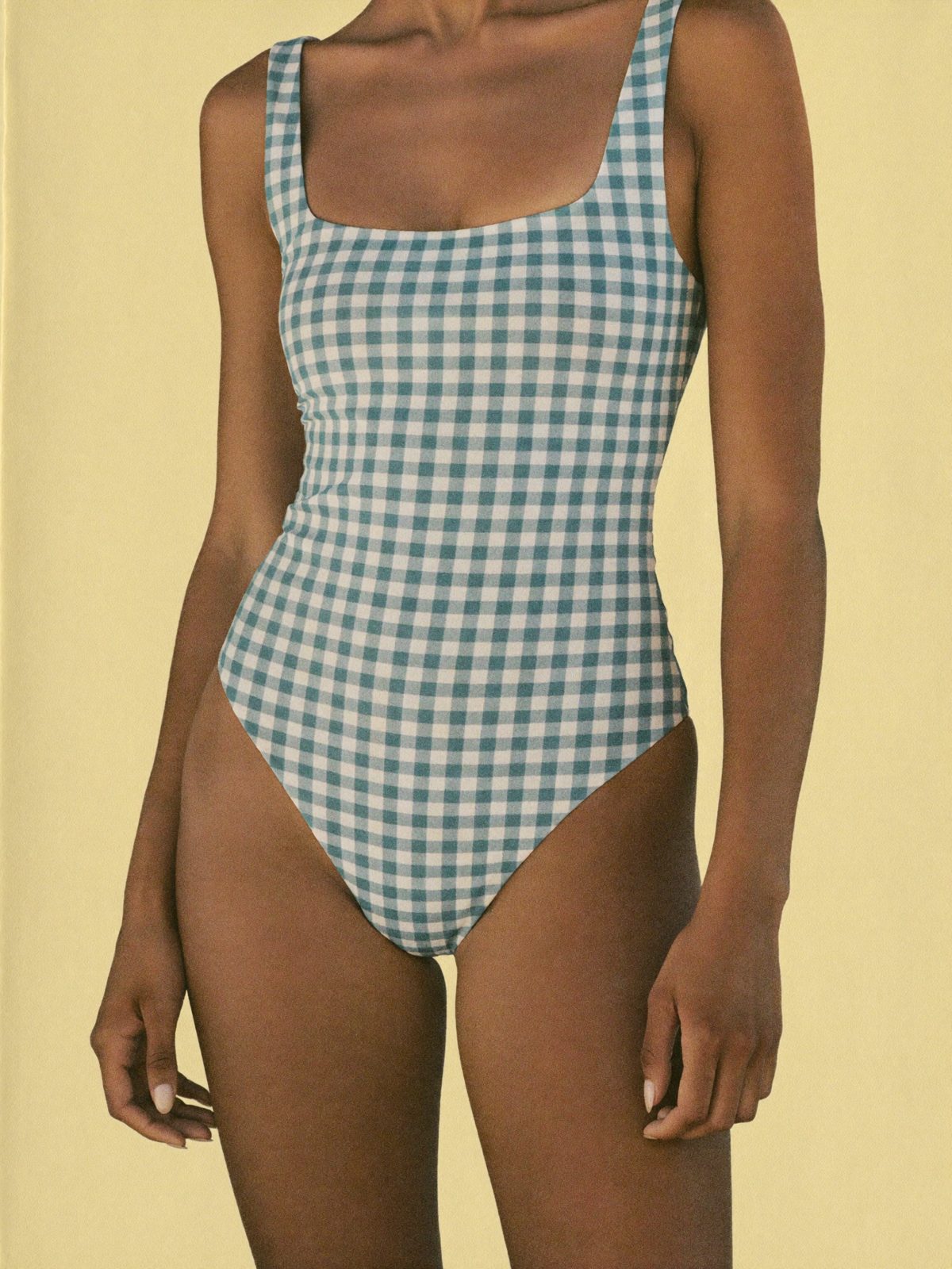 The Topanga, seafoam gingham square neck one-piece