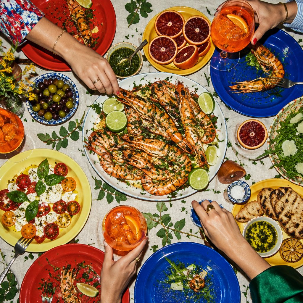 A colorful party table of grilled prawns, blood oranges and spritzes