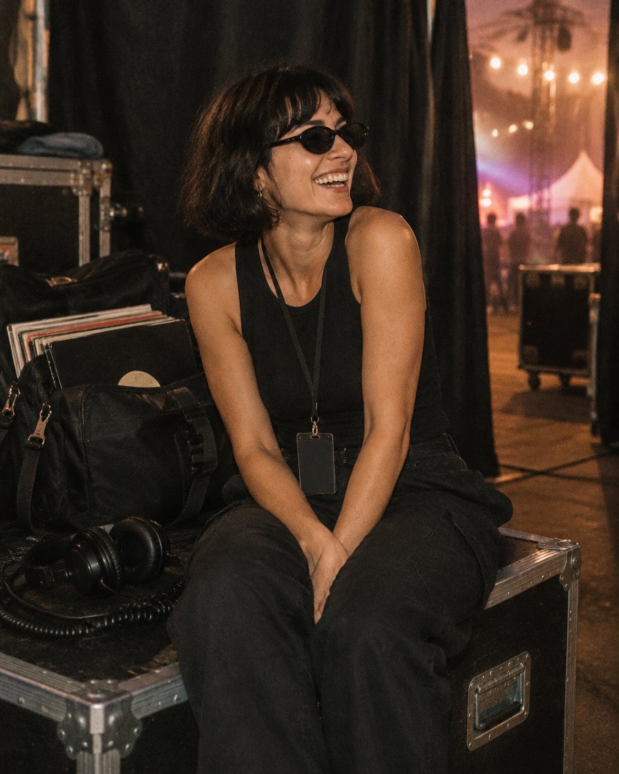 Margaux laughing backstage on a flight case