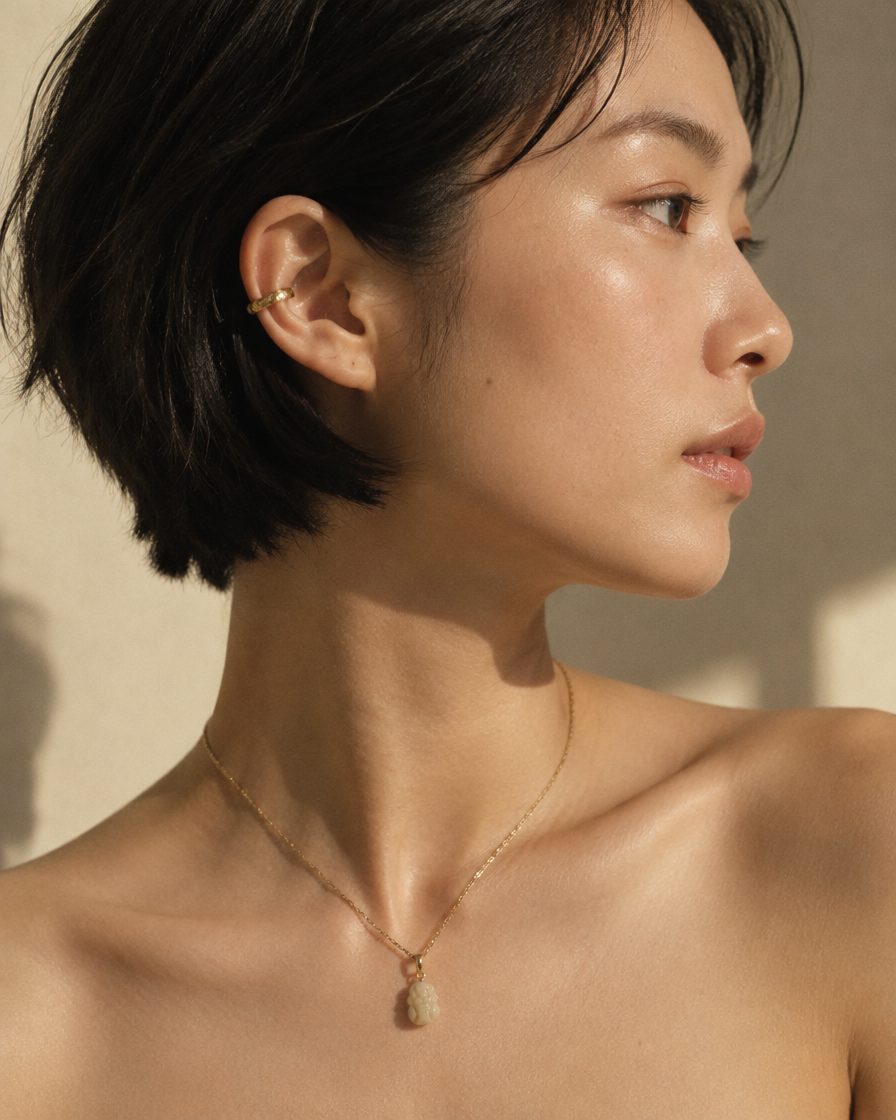 A textured gold cuff worn on the middle of an ear