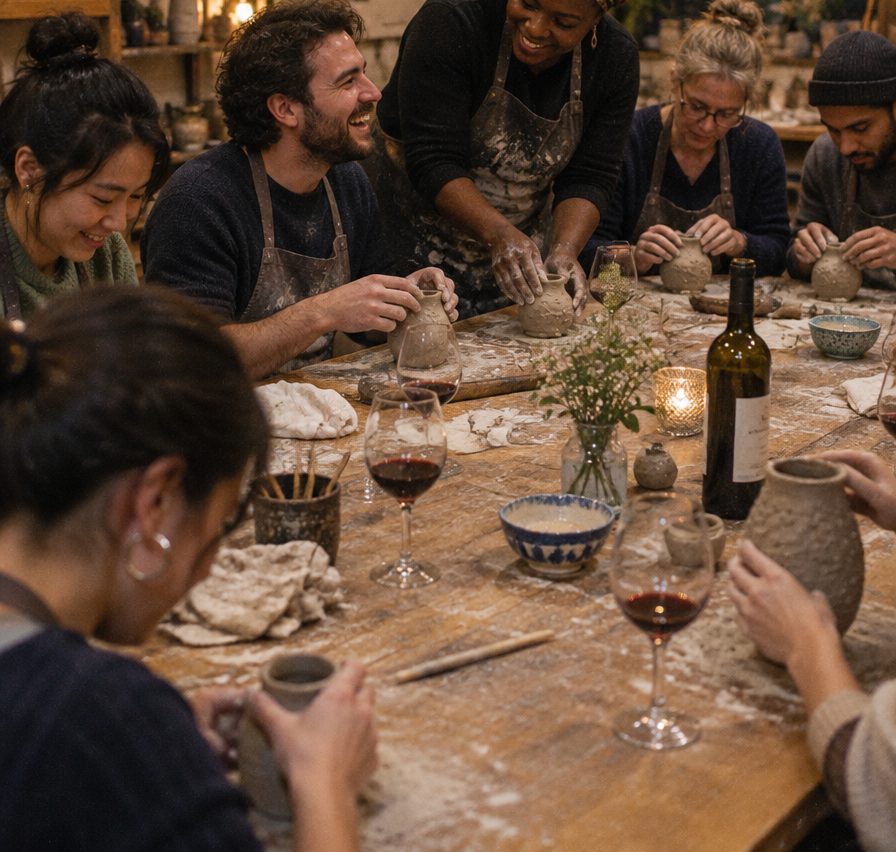 An evening handbuilding party around the long studio table, guests laughing and shaping small vases while the teacher helps, with wine glasses and a candle.