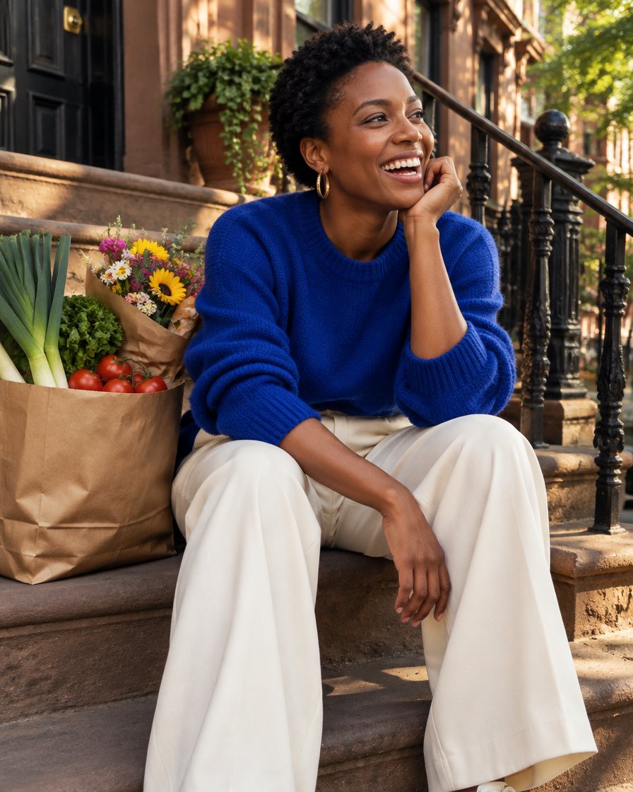 Bea on her brownstone stoop with a bag of groceries