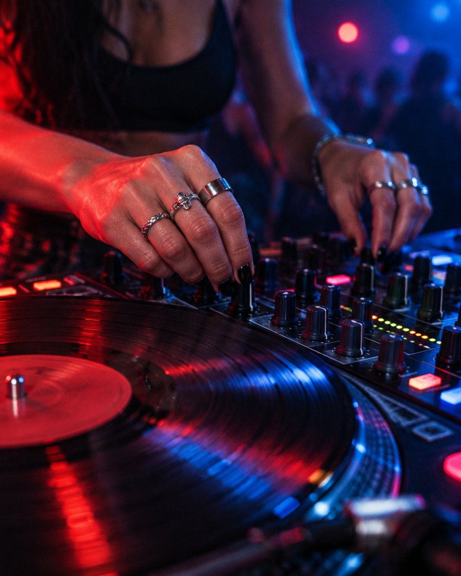 Margaux's hands on the mixer next to a spinning record