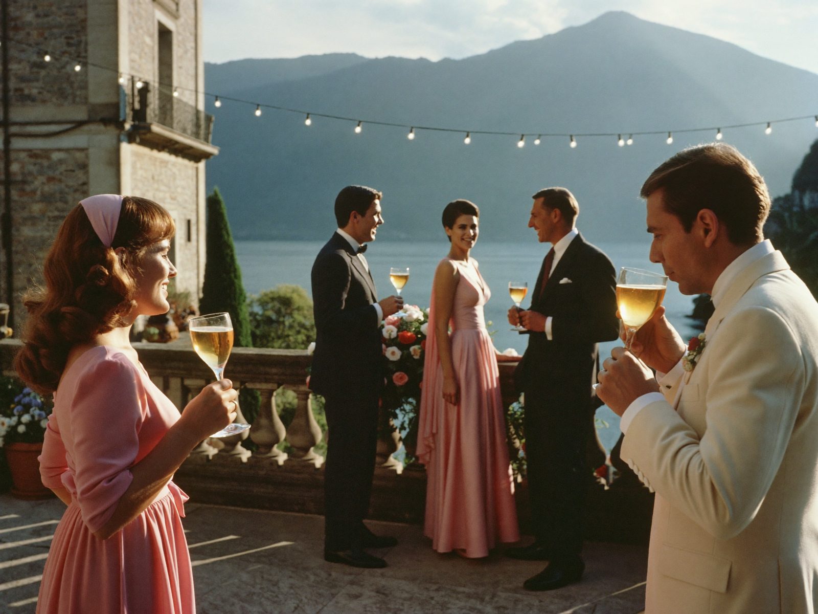 Guests in pastel silk sharing spritz on a lakeside villa terrace